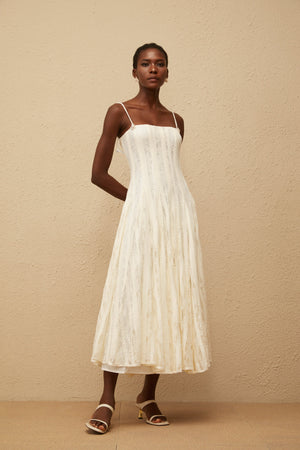 Aurohaya Coralie White Pleated Lace Midi Dress