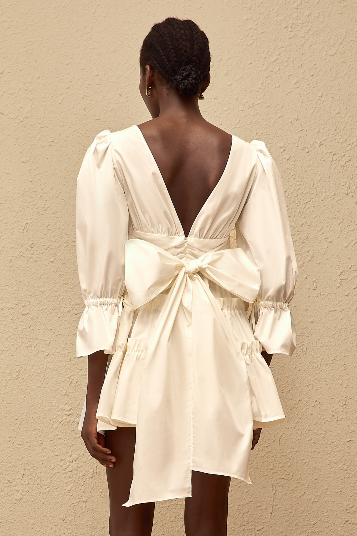 Aurohaya Jutta White Bowknot Shirred Mini Dress