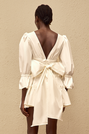 Aurohaya Jutta White Bowknot Shirred Mini Dress