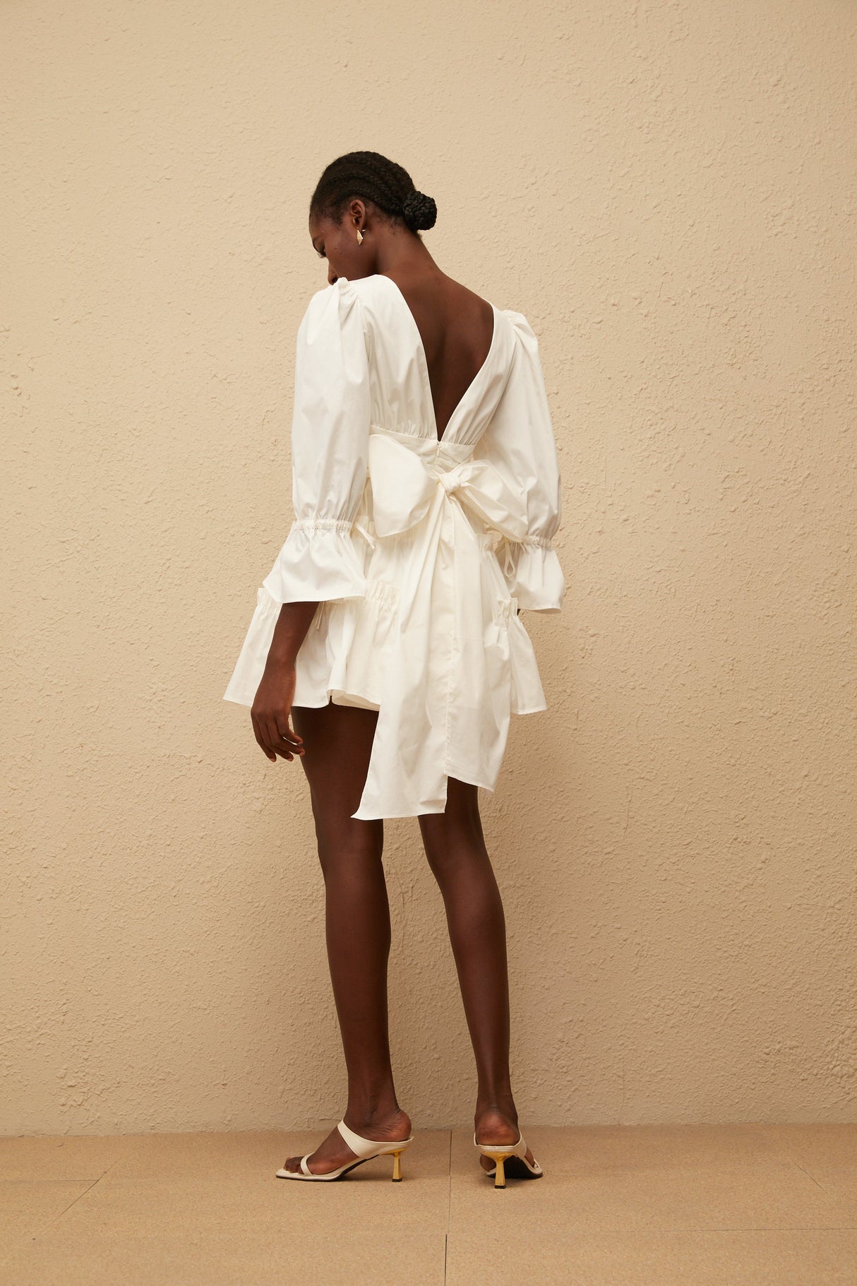 Aurohaya Jutta White Bowknot Shirred Mini Dress