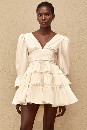 Aurohaya Jutta White Bowknot Shirred Mini Dress