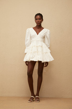 Aurohaya Jutta White Bowknot Shirred Mini Dress