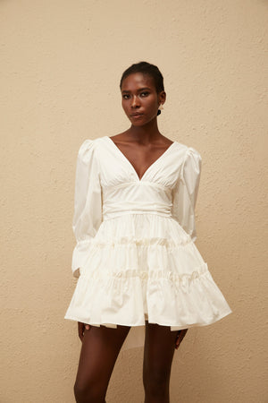 Aurohaya Jutta White Bowknot Shirred Mini Dress