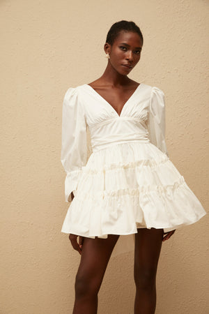 Aurohaya Jutta White Bowknot Shirred Mini Dress