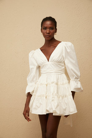Aurohaya Jutta White Bowknot Shirred Mini Dress