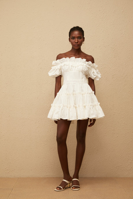 Aurohaya Irja White Off-Shoulder Shirred Mini Dress