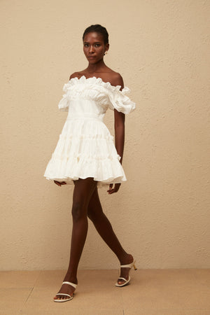 Aurohaya Irja White Off-Shoulder Shirred Mini Dress
