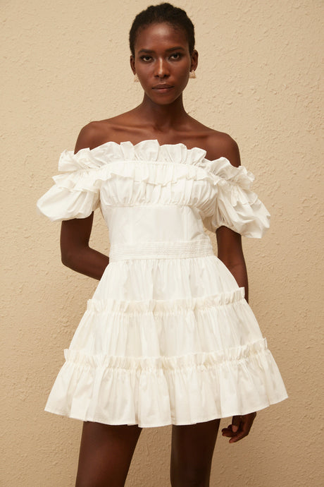 Aurohaya Irja White Off-Shoulder Shirred Mini Dress