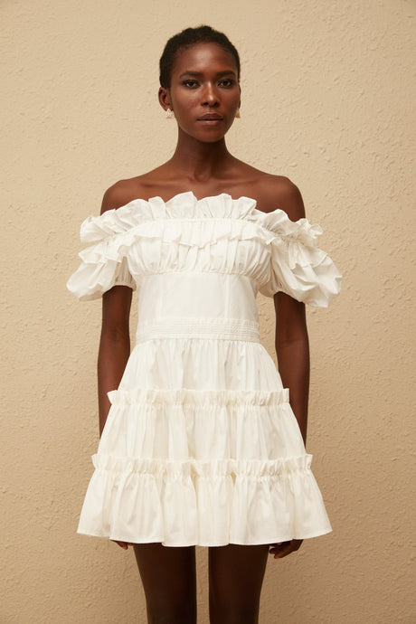 Aurohaya Irja White Off-Shoulder Shirred Mini Dress