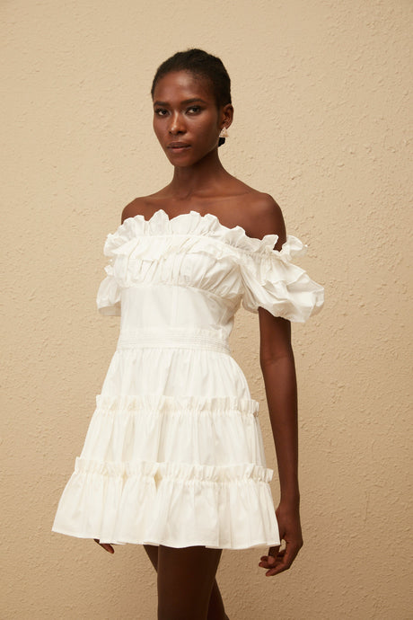 Aurohaya Irja White Off-Shoulder Shirred Mini Dress