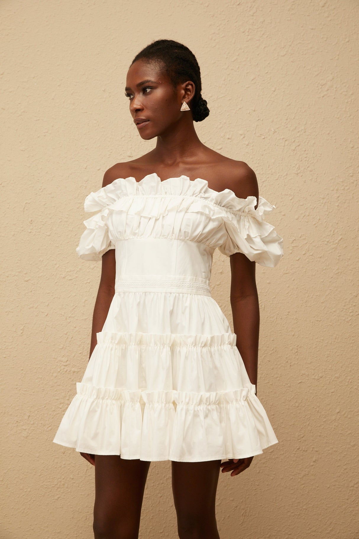 Aurohaya Irja White Off-Shoulder Shirred Mini Dress