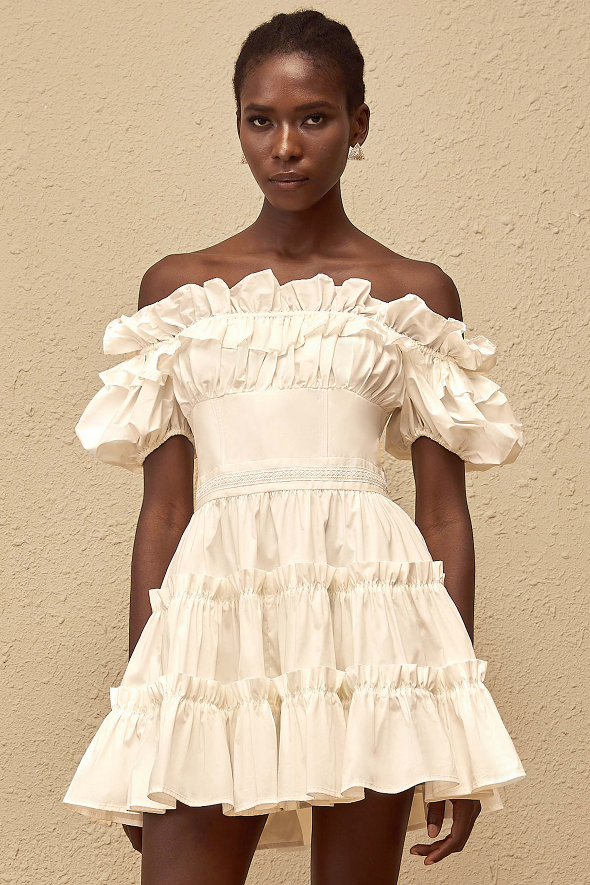Aurohaya Irja White Off-Shoulder Shirred Mini Dress