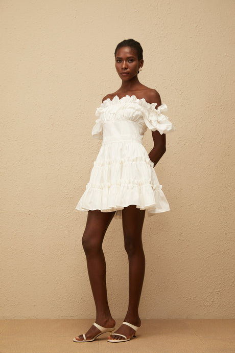 Aurohaya Irja White Off-Shoulder Shirred Mini Dress