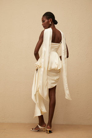 Aurohaya Opale Neutral Asymmetrical Satin Mini Dress