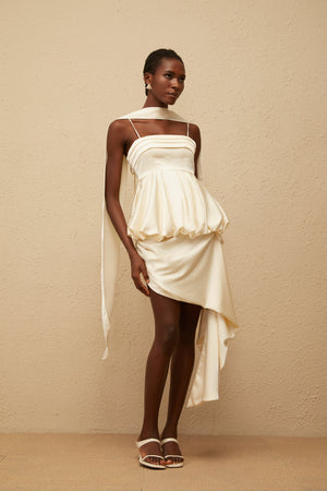 Aurohaya Opale Neutral Asymmetrical Satin Mini Dress