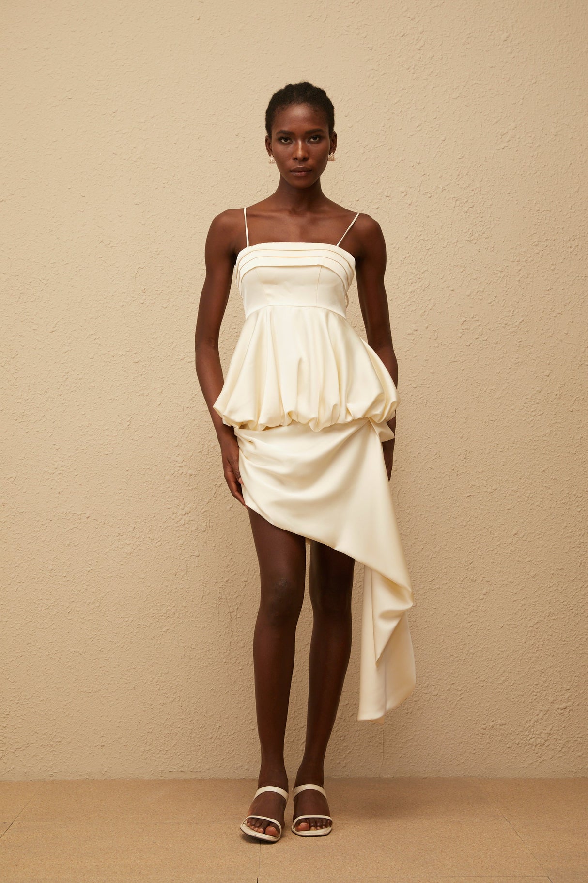 Aurohaya Opale Neutral Asymmetrical Satin Mini Dress