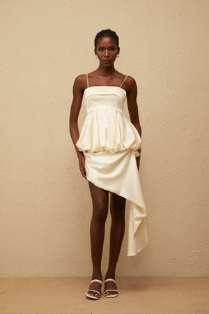 Aurohaya Opale Neutral Asymmetrical Satin Mini Dress