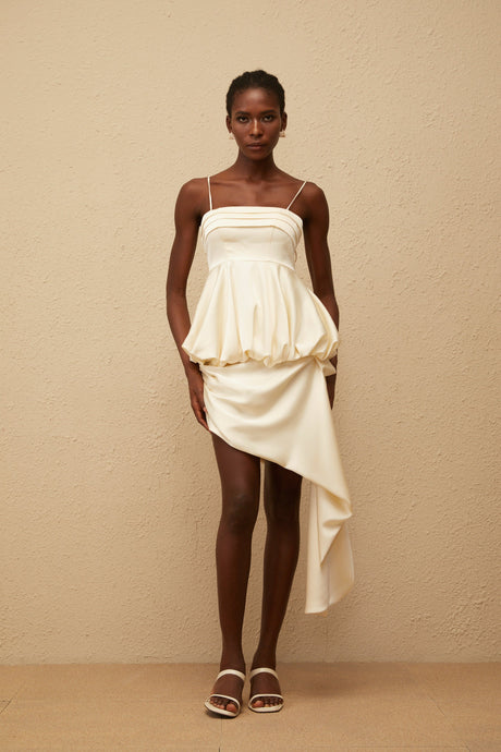 Aurohaya Opale Neutral Asymmetrical Satin Mini Dress
