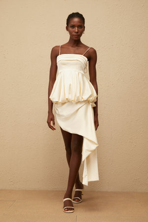 Aurohaya Opale Neutral Asymmetrical Satin Mini Dress
