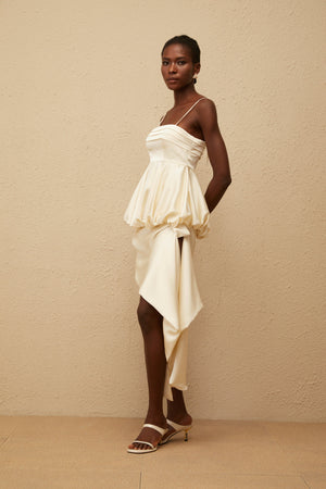 Aurohaya Opale Neutral Asymmetrical Satin Mini Dress