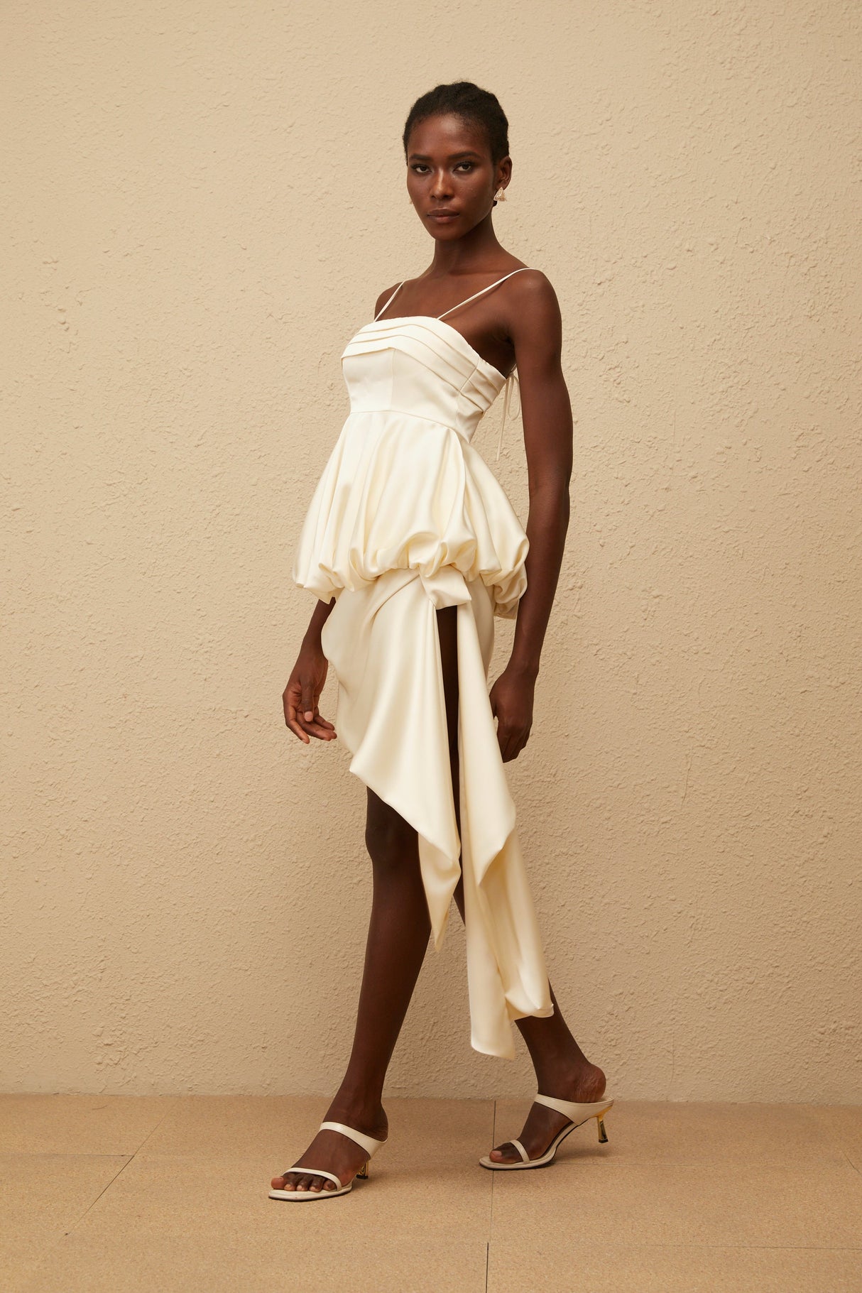 Aurohaya Opale Neutral Asymmetrical Satin Mini Dress