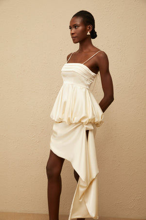 Aurohaya Opale Neutral Asymmetrical Satin Mini Dress