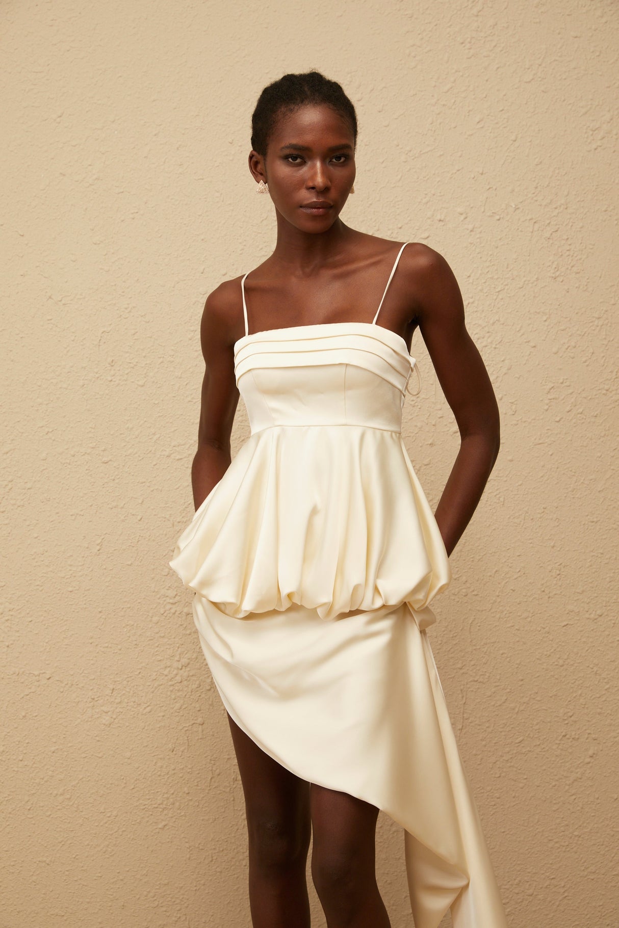 Aurohaya Opale Neutral Asymmetrical Satin Mini Dress