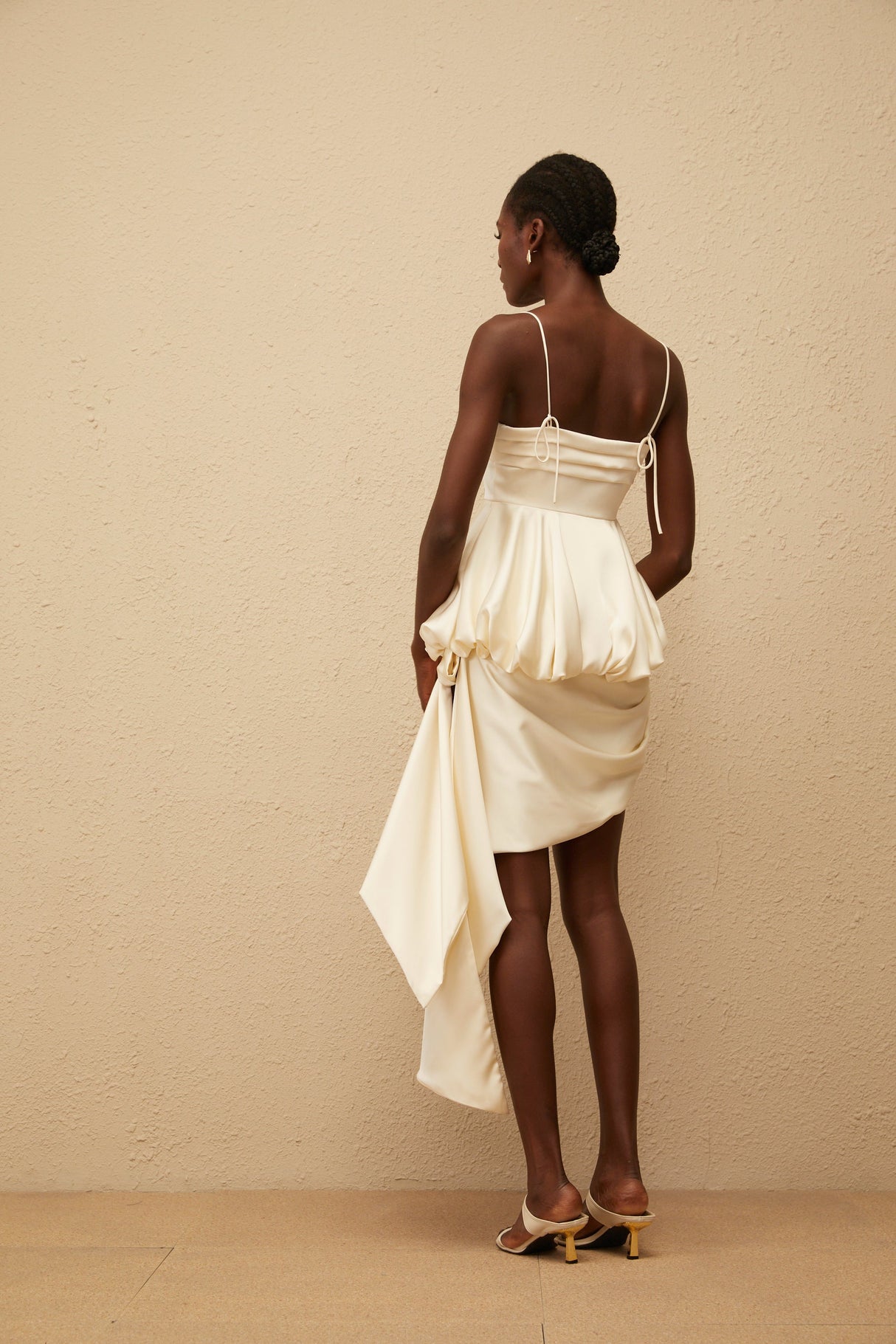 Aurohaya Opale Neutral Asymmetrical Satin Mini Dress