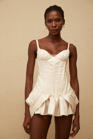 Aurohaya Léana White Ruffled Detail Bustier Mini Dress