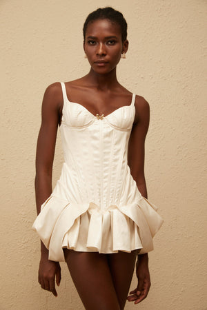 Aurohaya Léana White Ruffled Detail Bustier Mini Dress