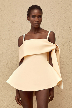 Aurohaya Garance Cream White Self Tie Flared Mini Dress