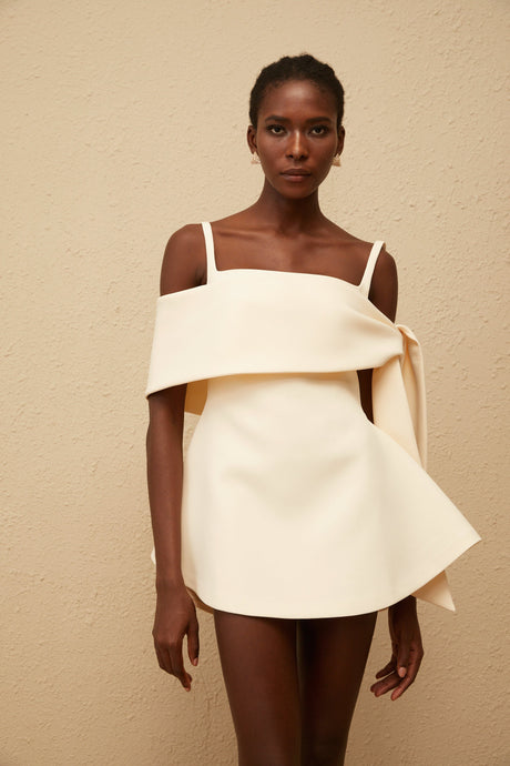 Aurohaya Garance Cream White Self Tie Flared Mini Dress