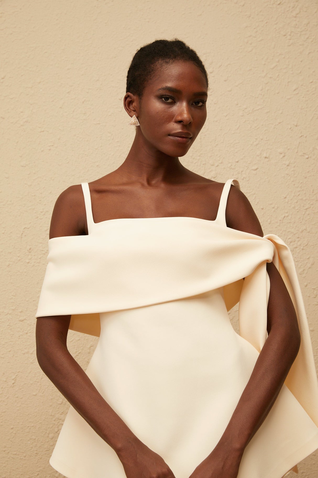 Aurohaya Garance Cream White Self Tie Flared Mini Dress