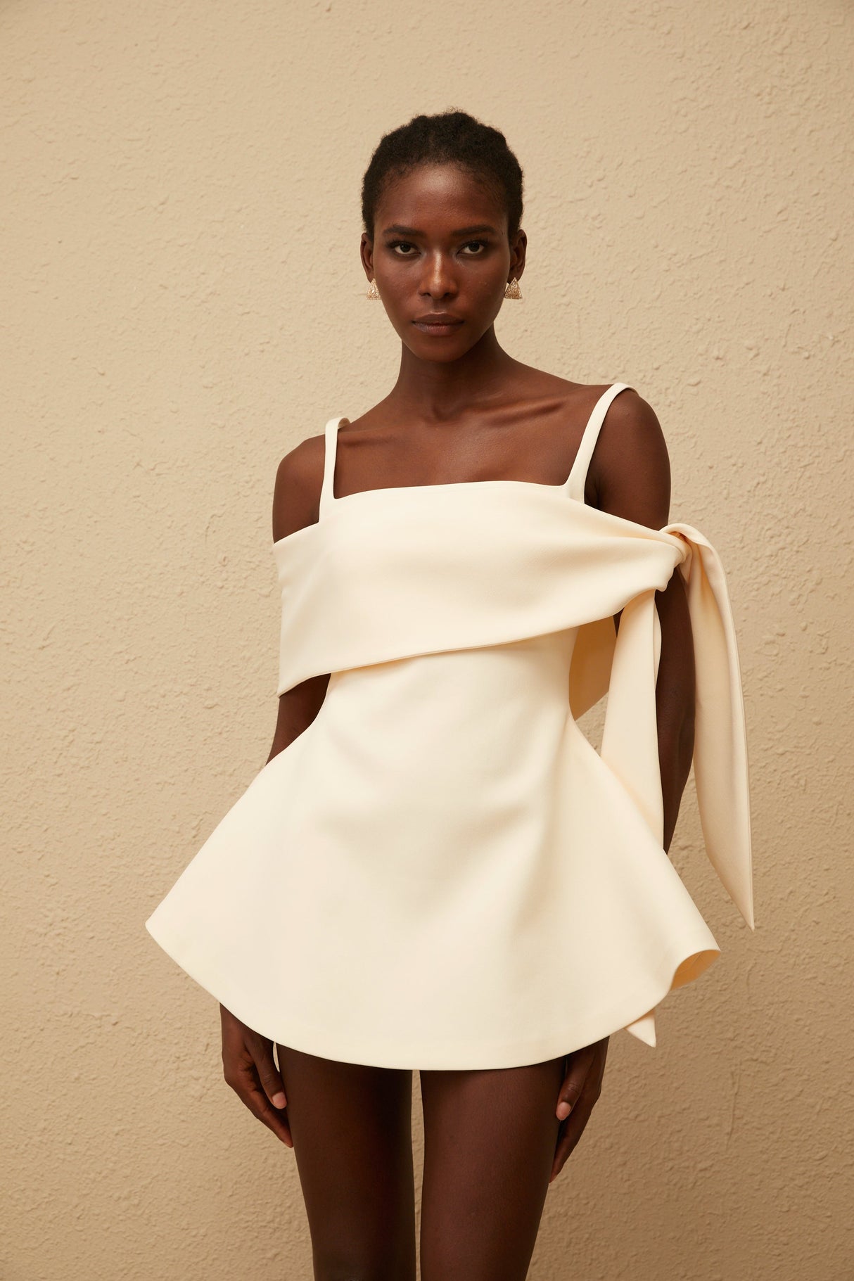 Aurohaya Garance Cream White Self Tie Flared Mini Dress