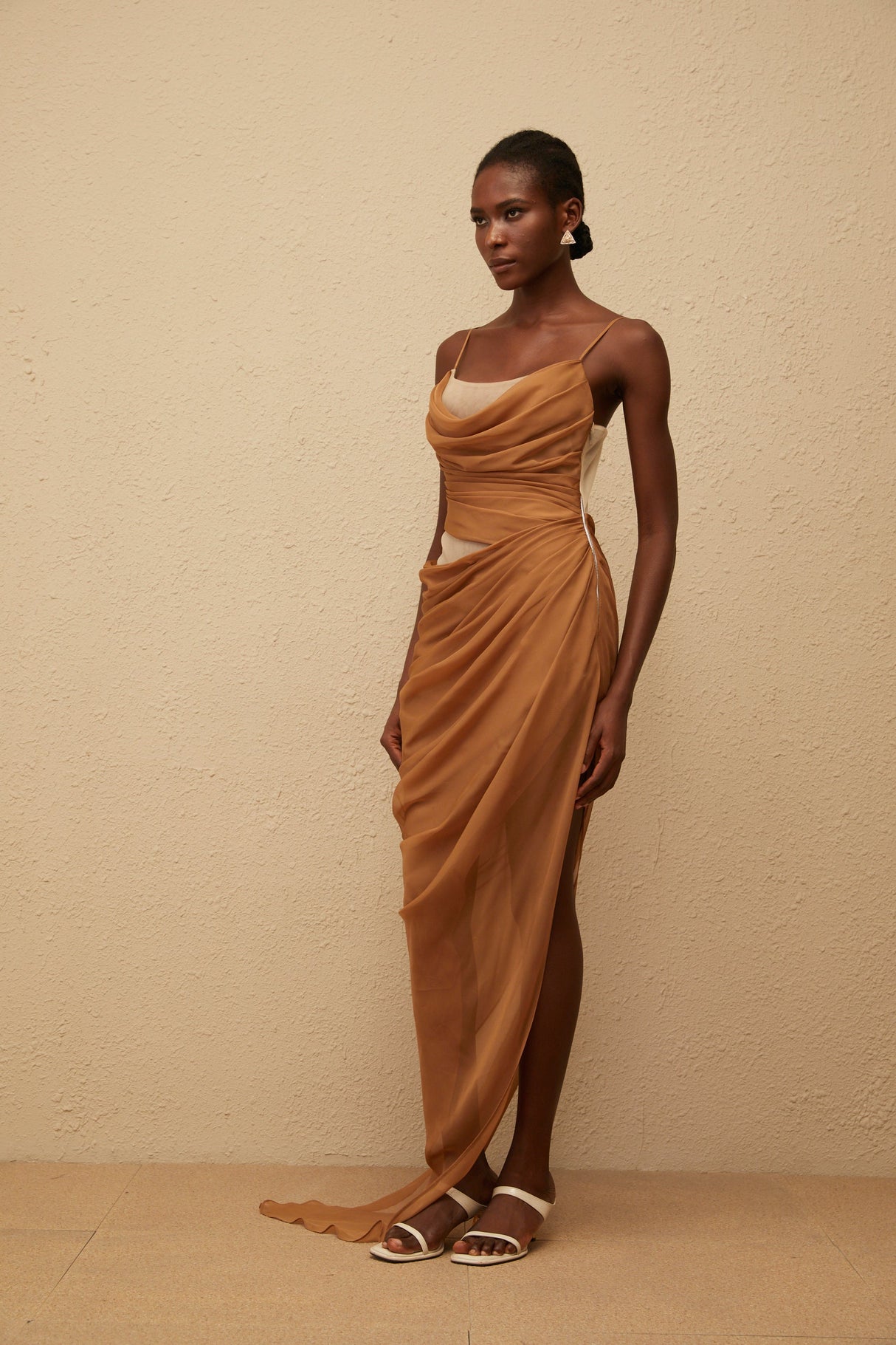 Aurohaya Charisa Khaki Draped Chiffon Maxi Dress
