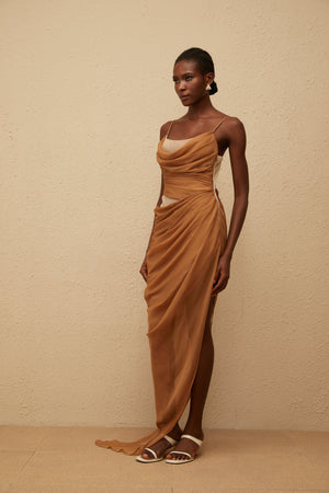 Aurohaya Charisa Khaki Draped Chiffon Maxi Dress