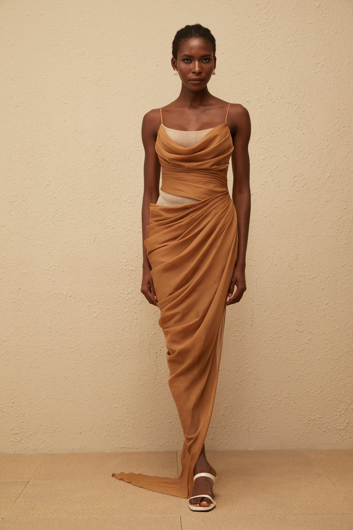 Aurohaya Charisa Khaki Draped Chiffon Maxi Dress