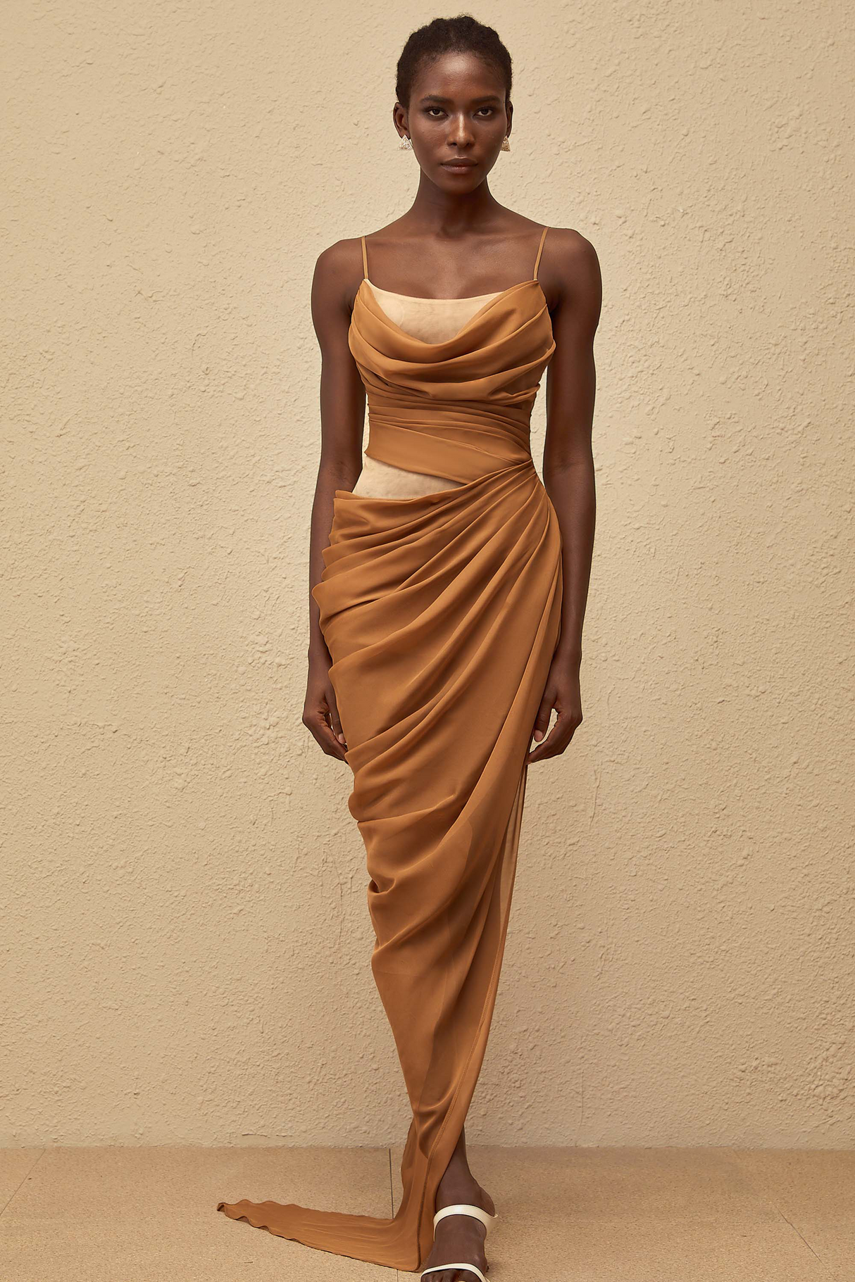 Aurohaya Charisa Khaki Draped Chiffon Maxi Dress