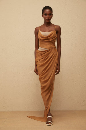 Aurohaya Charisa Khaki Draped Chiffon Maxi Dress