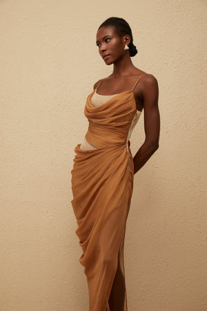 Aurohaya Charisa Khaki Draped Chiffon Maxi Dress