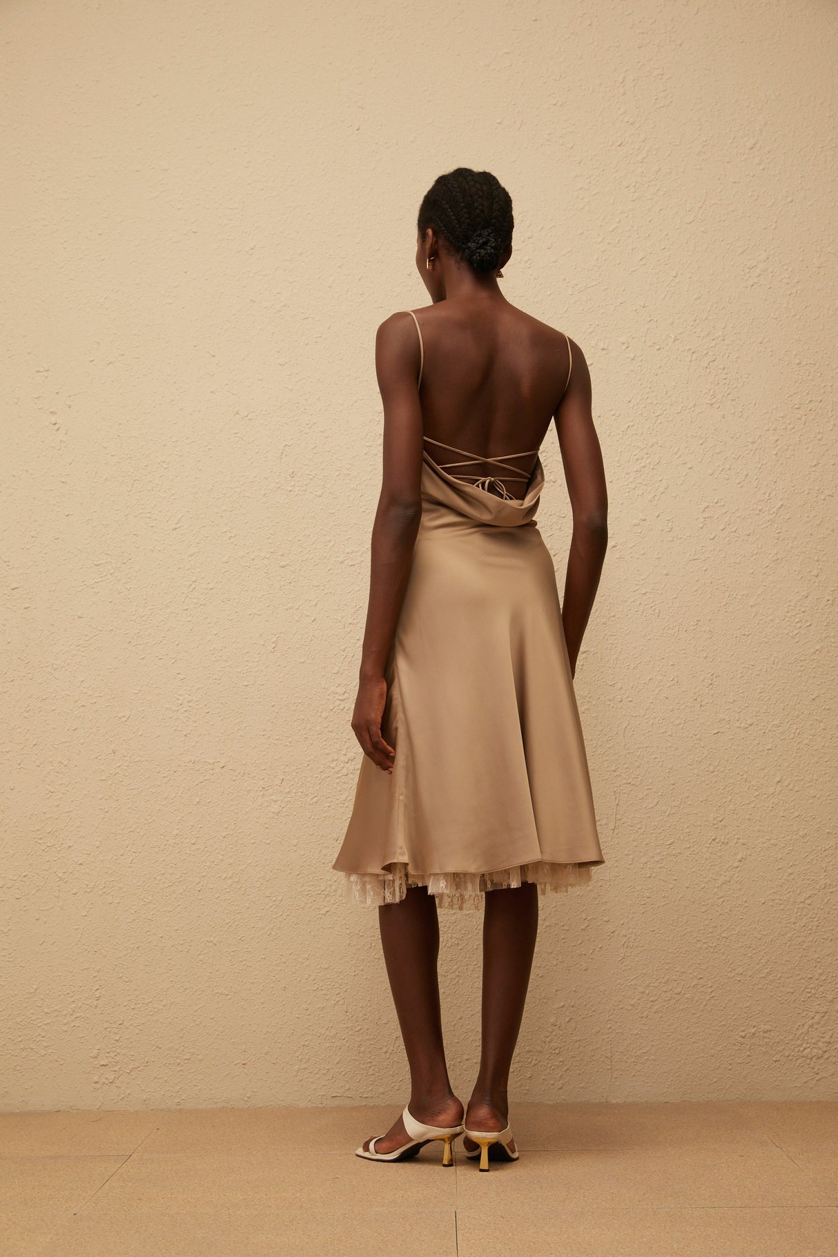 Aurohaya Ananias Khaki Lace Panel Satin Midi Dress