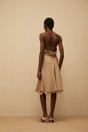 Aurohaya Ananias Khaki Lace Panel Satin Midi Dress