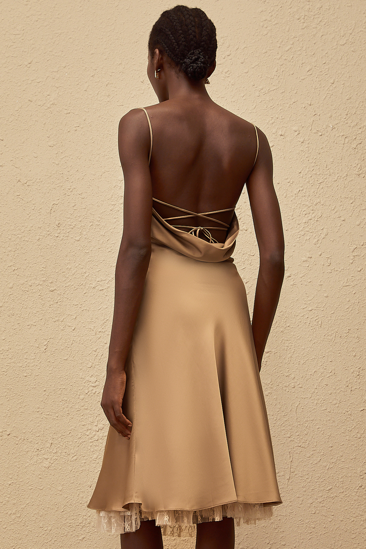Aurohaya Ananias Khaki Lace Panel Satin Midi Dress