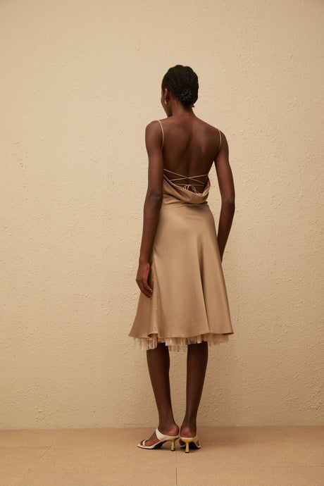 Aurohaya Ananias Khaki Lace Panel Satin Midi Dress