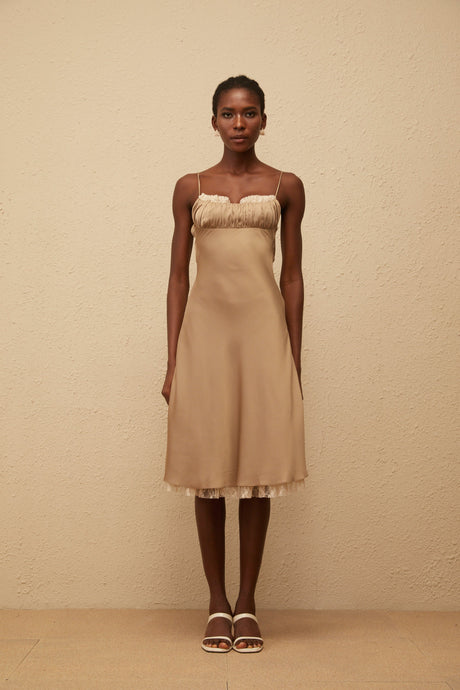 Aurohaya Ananias Khaki Lace Panel Satin Midi Dress
