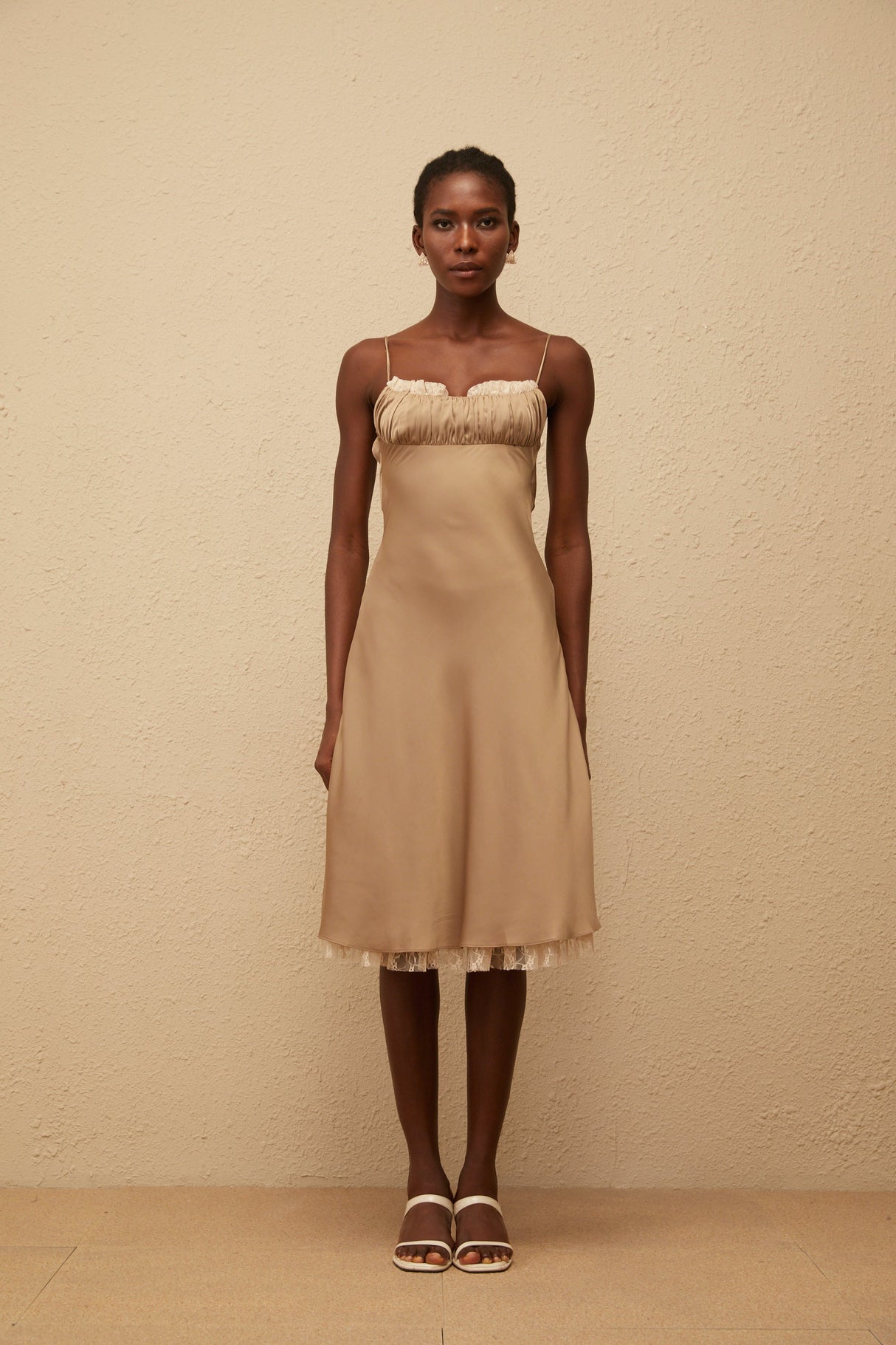 Aurohaya Ananias Khaki Lace Panel Satin Midi Dress