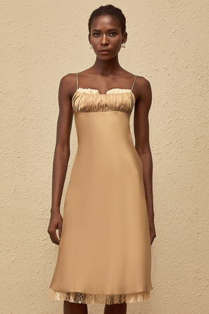 Aurohaya Ananias Khaki Lace Panel Satin Midi Dress