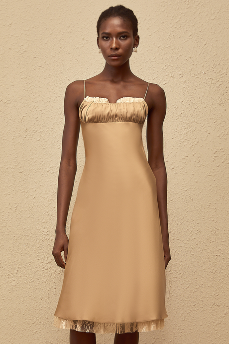 Aurohaya Ananias Khaki Lace Panel Satin Midi Dress