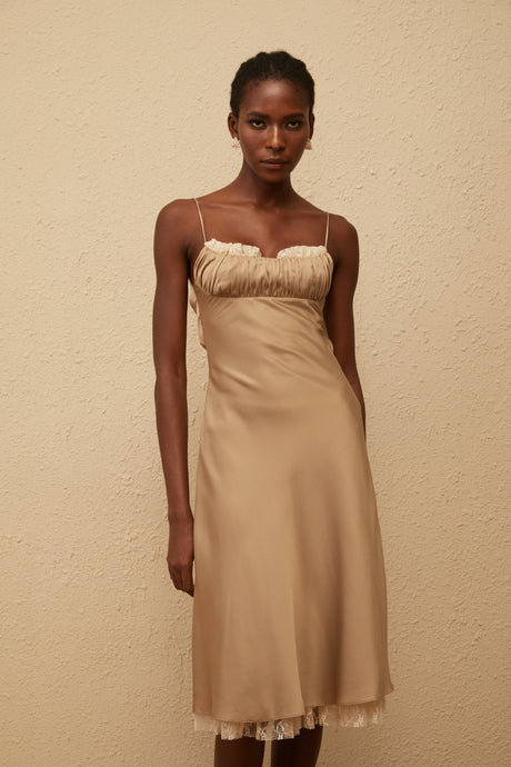 Aurohaya Ananias Khaki Lace Panel Satin Midi Dress