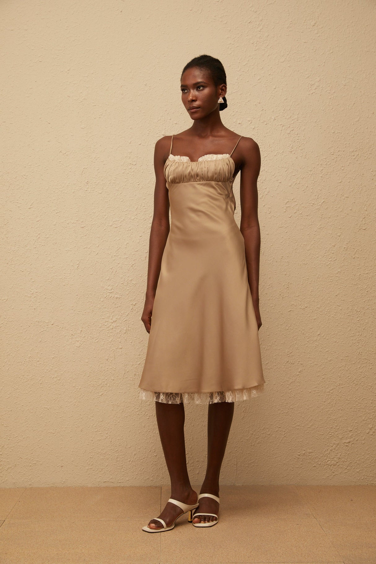 Aurohaya Ananias Khaki Lace Panel Satin Midi Dress